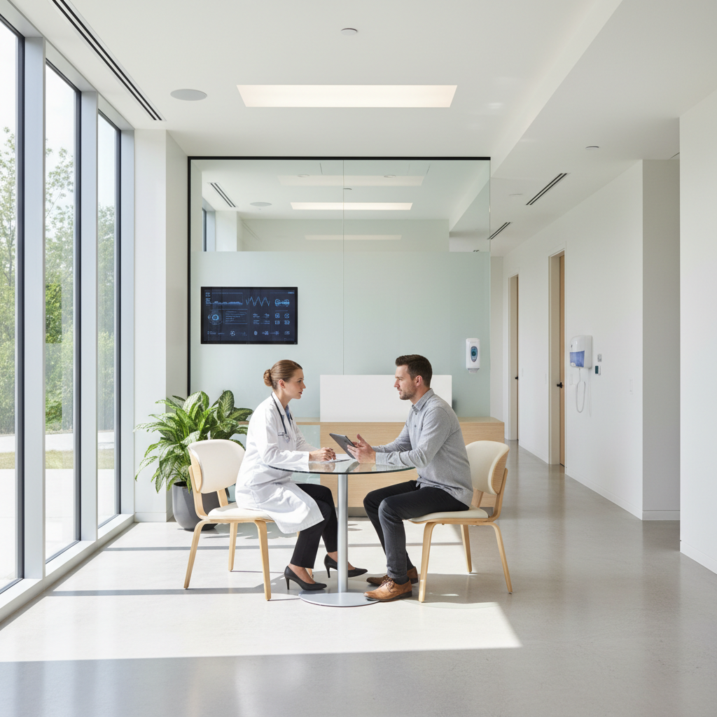 Modern infectious disease clinic with doctor consulting patient confidentially