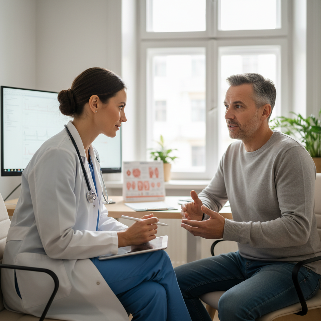 Doctor consulting patient confidentially in private clinic